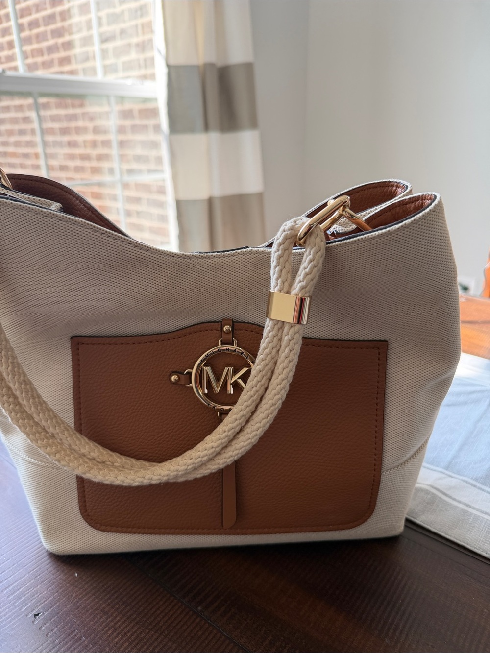 Michael Kors Cream and Brown Canvas Tote with Rope Handles